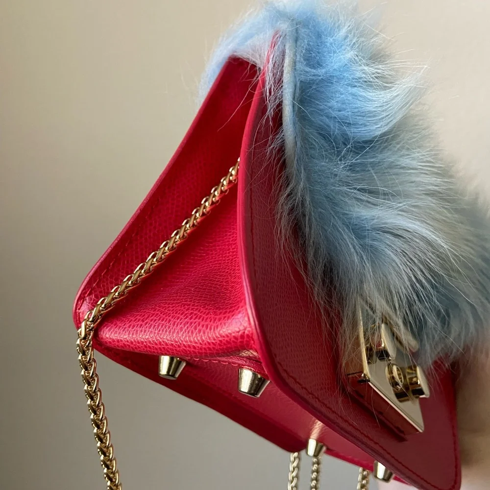 Furla metropolis small pink leather and blue faux fur bag